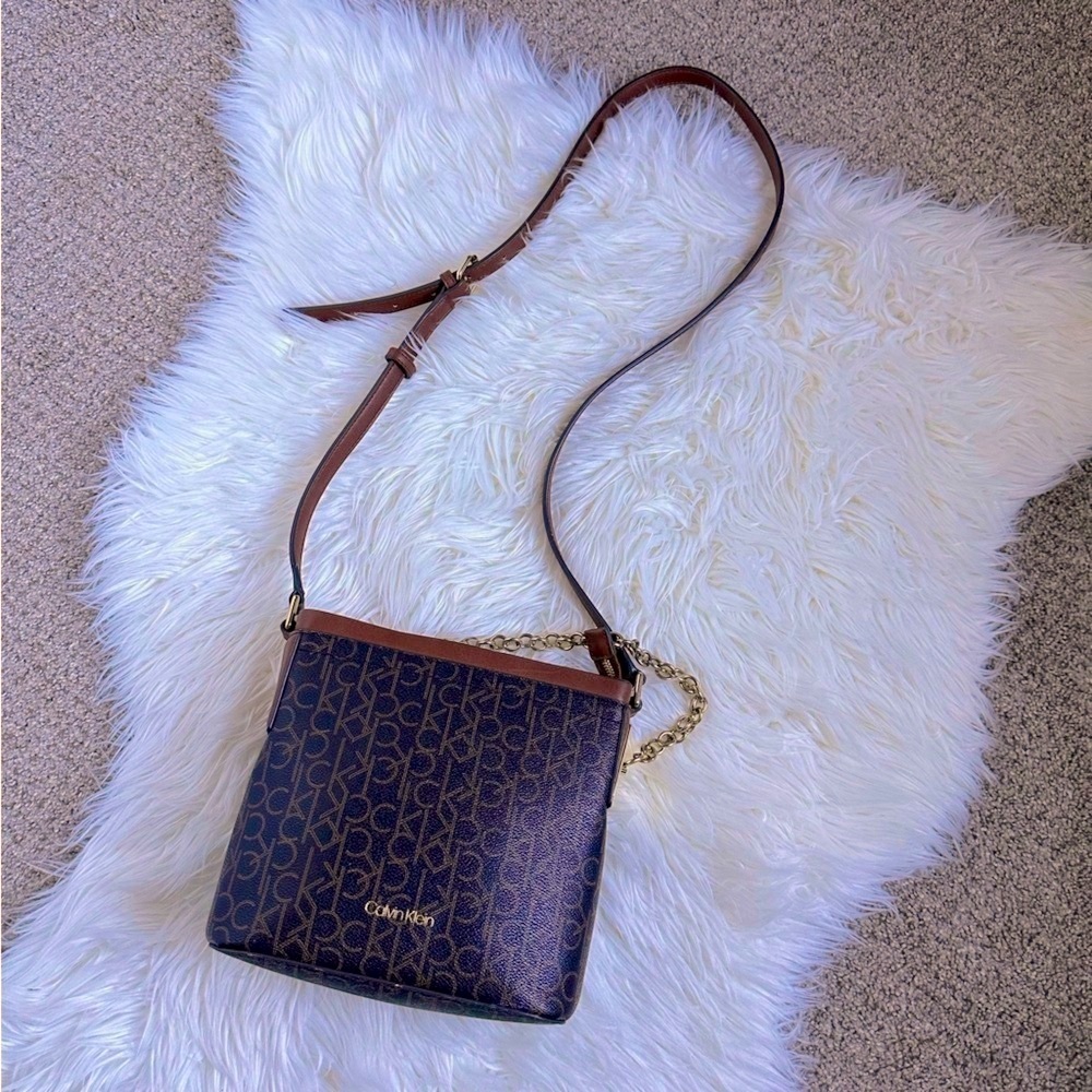 Calvin Klein Women's Monogram Medium Shoulder Bag With Gold Chain Brown